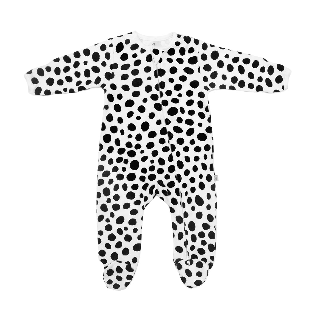 BLACK & WHITE BABY SENSORY ZIP-UP SLEEPSUIT – dalmatian