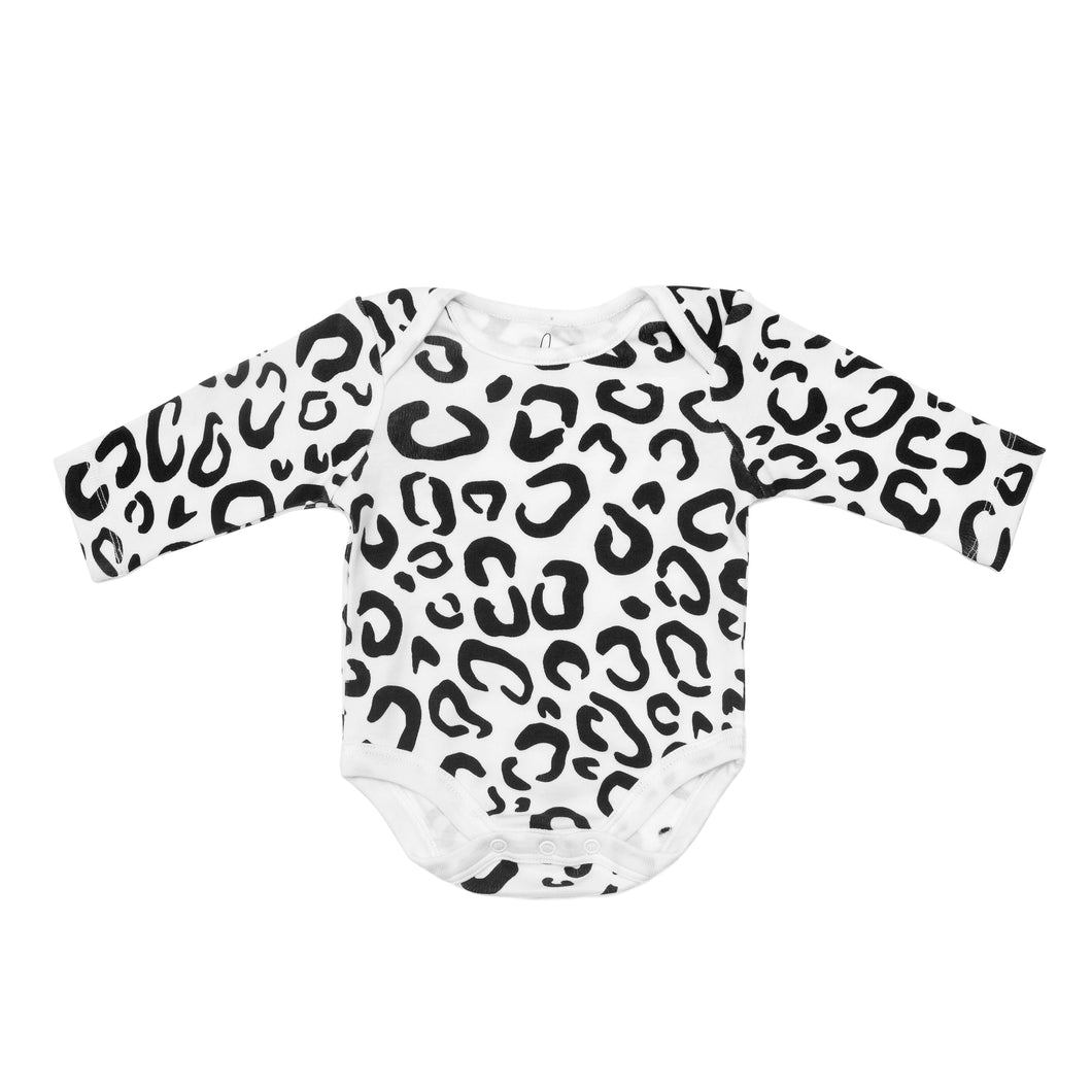 BLACK & WHITE BABY SENSORY BODYSUIT – leopard print